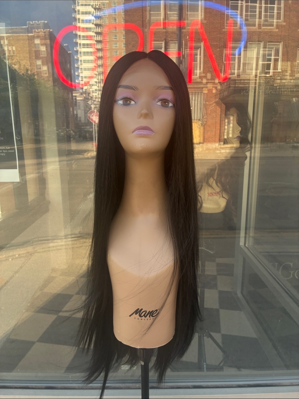 Human hair blend silky straight black bust down middle part